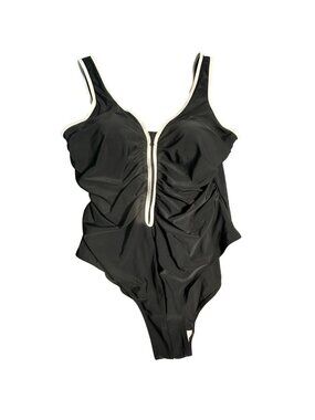 Black One-Piece Swimsuit White Trim Front Zipper 4XL Polyester-Spandex Blend